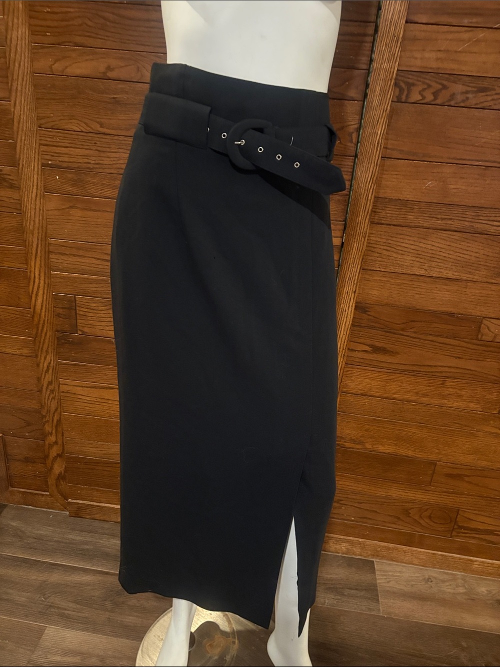 Tailored Black Belted Pencil Midi Skirt